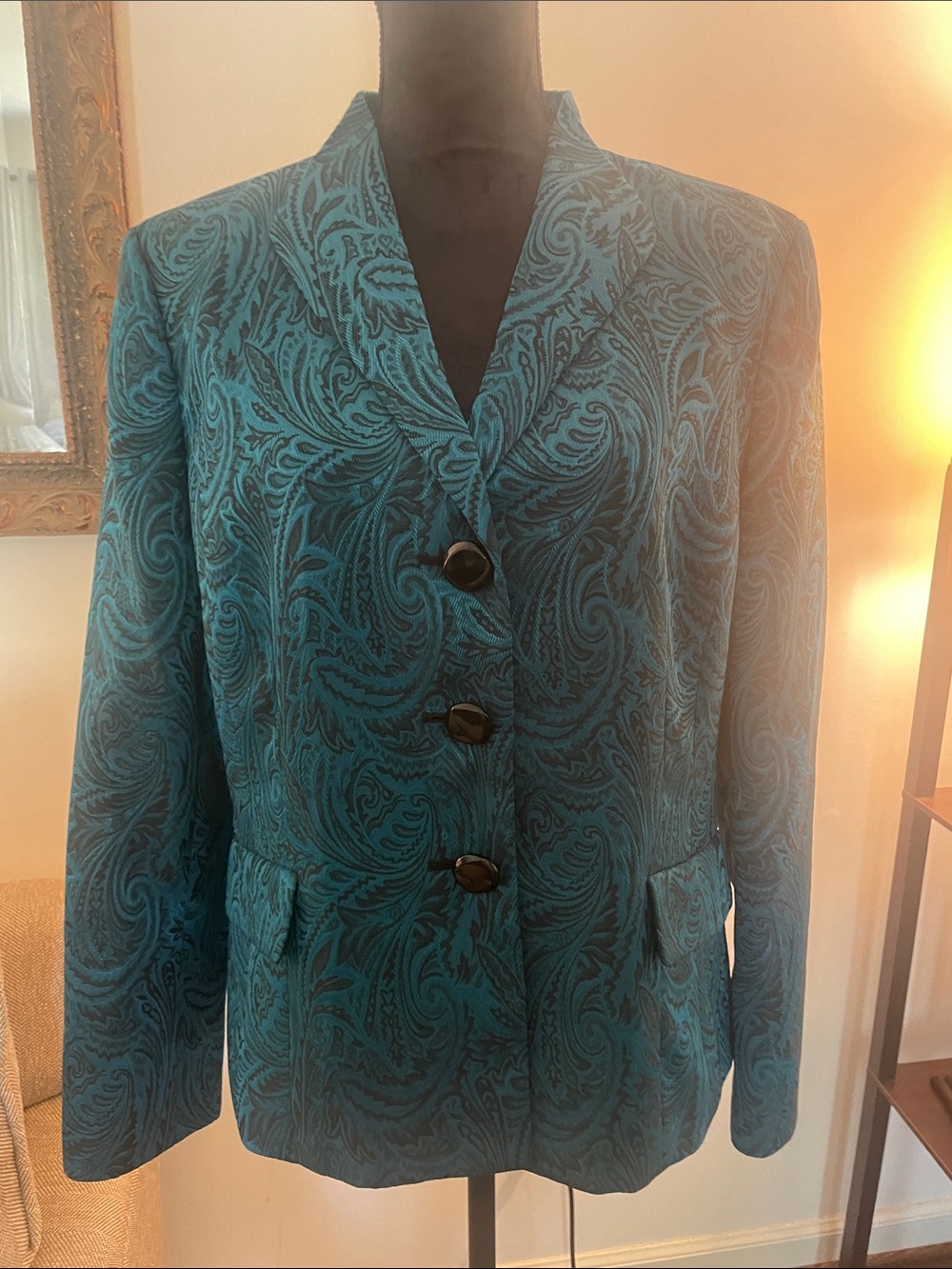 Le Suit Teal Paisley Button-Front Blazer